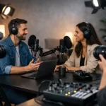 Produção de podcast em estúdio com padrão profissional