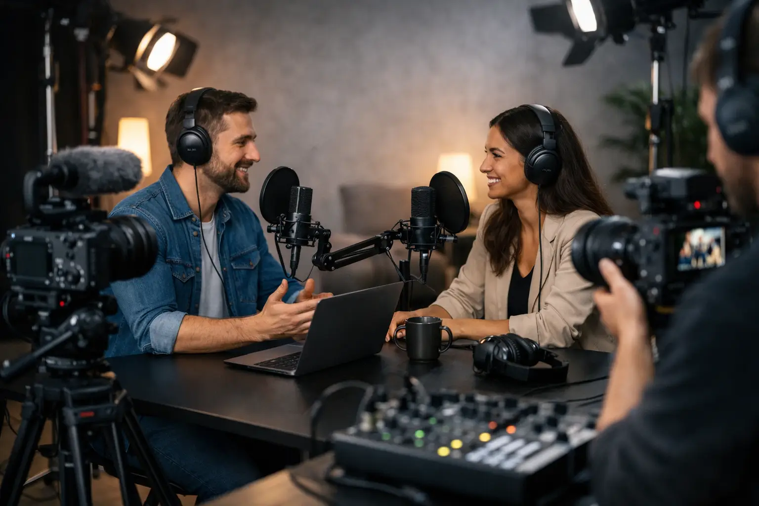 Produção de podcast em estúdio com padrão profissional